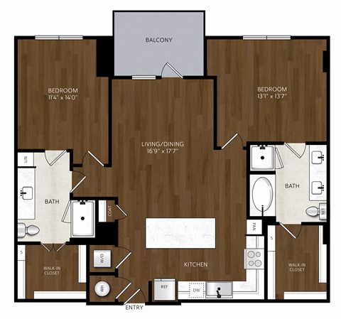 Floor plan for 2 beds, 2 baths, 1253 sqft
